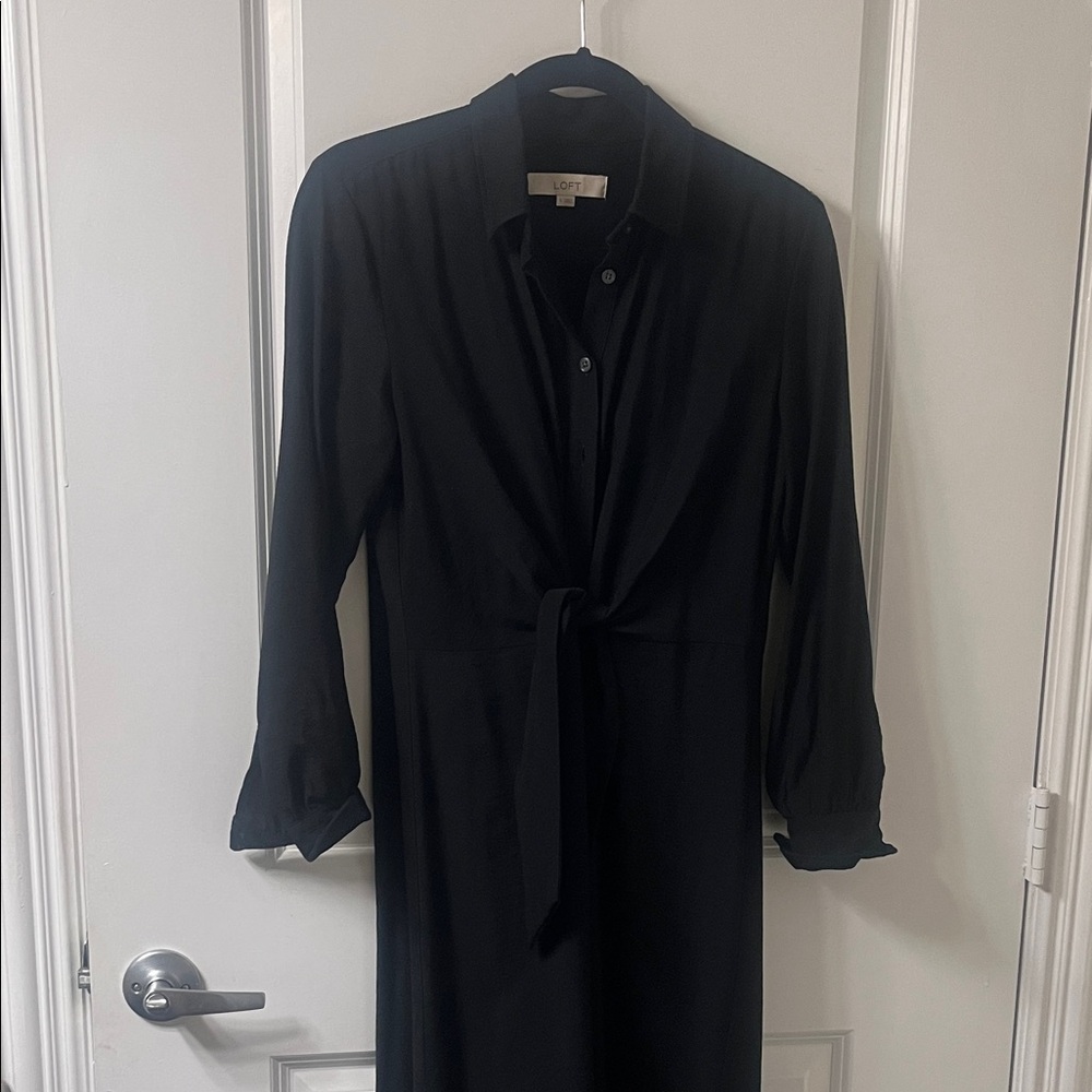 LOFT Black Long-Sleeve Button Tie-Waist Dress